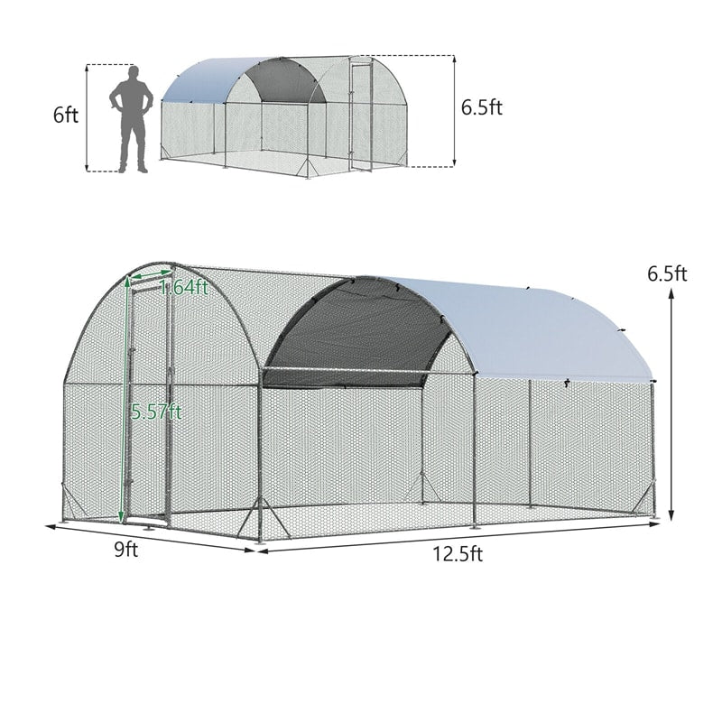 12.5ft Outdoor Metal Chicken Coop Walk-in Poultry Cage Run Galvanized Hen House Rabbits Habitat Cage with Cover