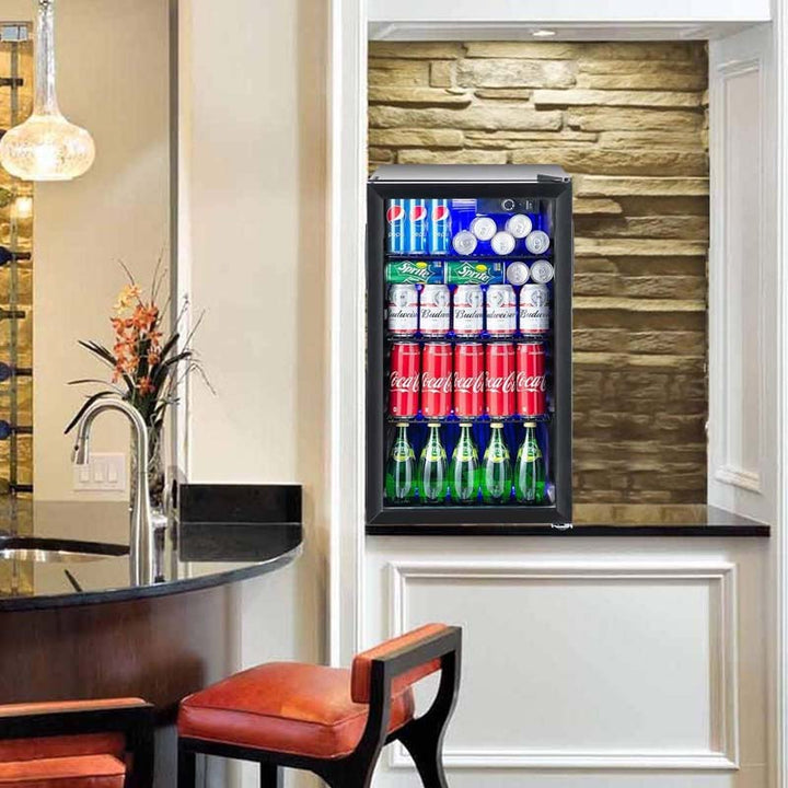 2-in-1 Mini Wine Cooler 120 Cans Built-In or Freestanding Beverage Refrigerator Beer Fridge with LED Light