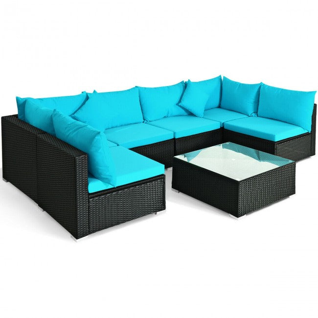 7 Pieces Outdoor Patio Rattan Furniture Set Wicker Sofa Sectional Conversation Set with Cushions and Tempered Glass Tea Table