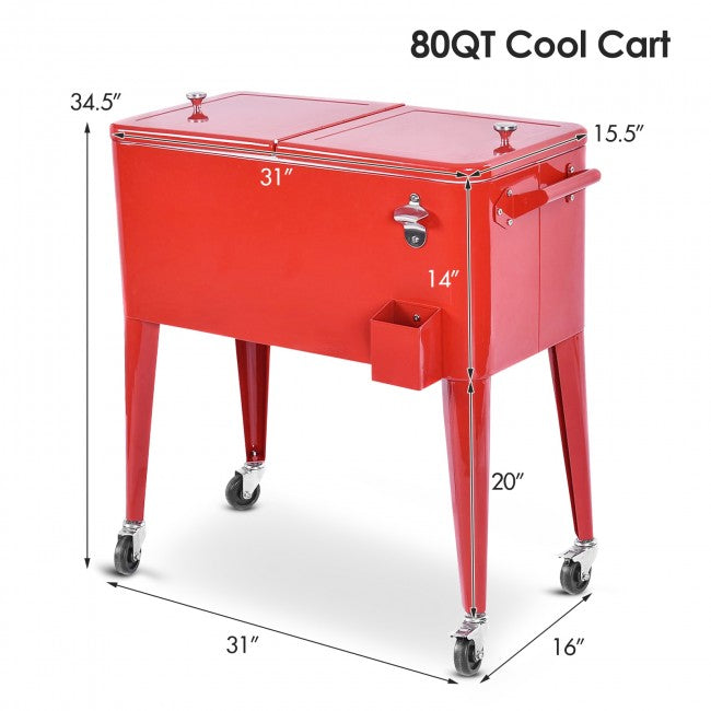 80 Quart Outdoor Steel Rolling Cooler Cart Portable Patio Beverage Bar Trolley Ice Chest with Locking Wheels and Bottle Opener