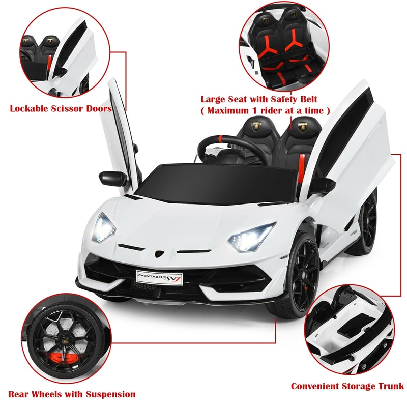 Kids Electric Ride On 12V Licensed Lamborghini Aventador SVJ Battery Powered Sports Car Toy with LED Headlights and R/C