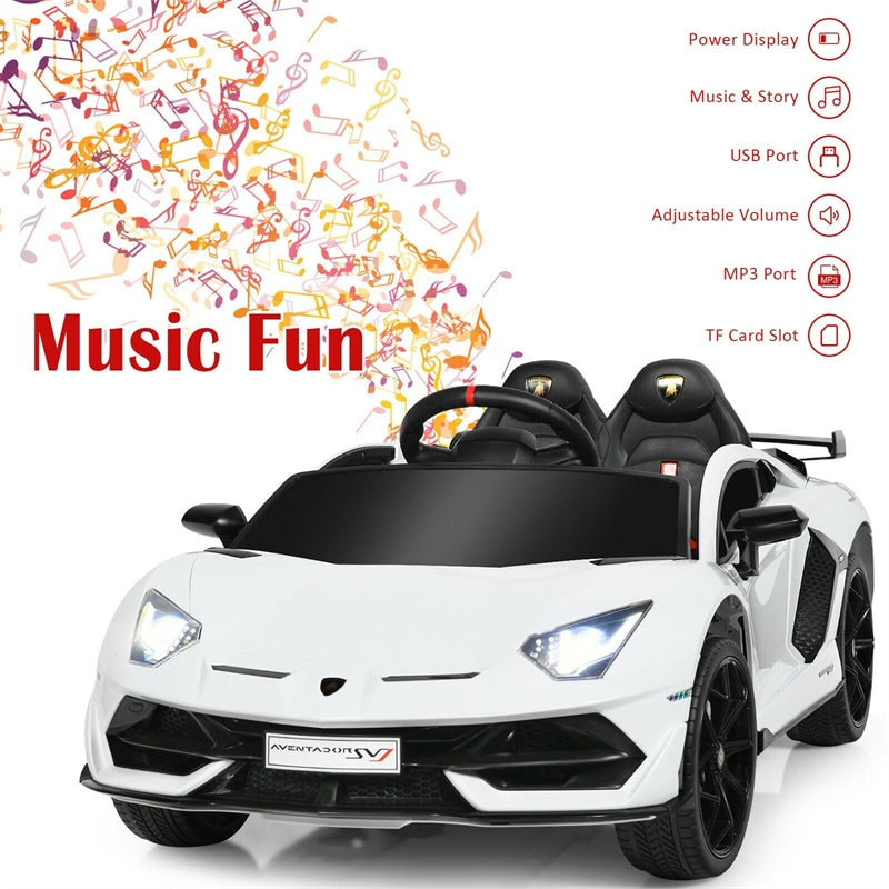 Kids Electric Ride On 12V Licensed Lamborghini Aventador SVJ Battery Powered Sports Car Toy with LED Headlights and R/C