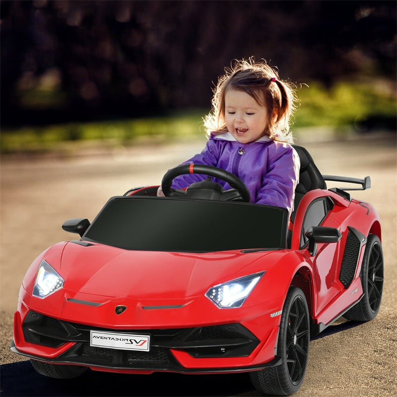 Kids Electric Ride On 12V Licensed Lamborghini Aventador SVJ Battery Powered Sports Car Toy with LED Headlights and R/C