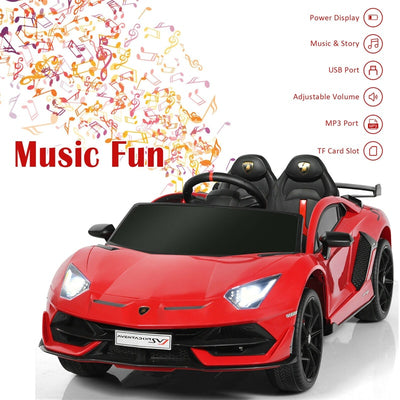 Kids Electric Ride On 12V Licensed Lamborghini Aventador SVJ Battery Powered Sports Car Toy with LED Headlights and R/C