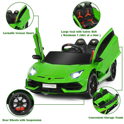 Kids Electric Ride On 12V Licensed Lamborghini Aventador SVJ Battery Powered Sports Car Toy with LED Headlights and R/C