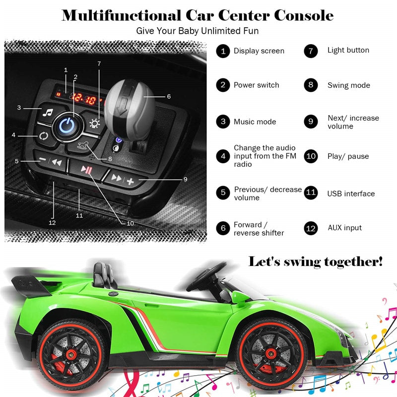 12V 2-Seater Kids Ride On Car Licensed Lamborghini Poison Electric Vehicle with Remote Control Swing Mode LED Lights