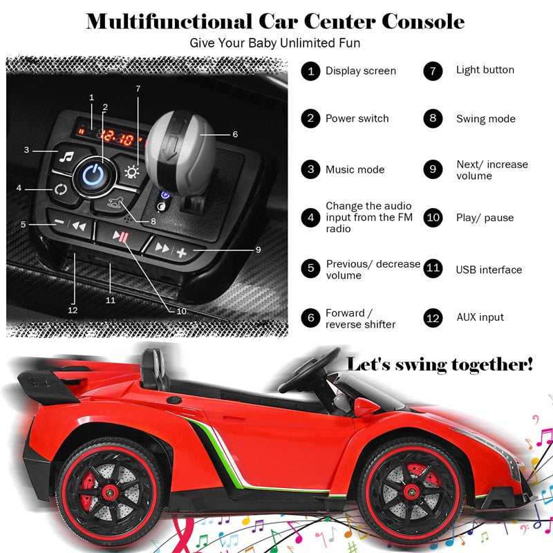 12V 2-Seater Kids Ride On Car Licensed Lamborghini Poison Electric Vehicle with Remote Control Swing Mode LED Lights