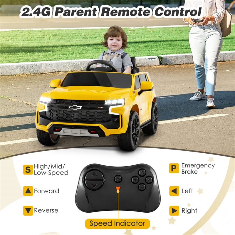 12V Kids Ride-On Car Licensed Chevrolet Tahoe Battery Powered Electric Vehicle SUV with Remote Control Spring Suspension