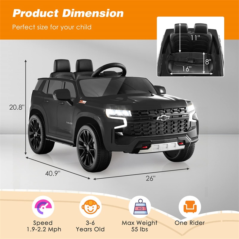 12V Kids Ride-On Car Licensed Chevrolet Tahoe Battery Powered Electric Vehicle SUV with Remote Control Spring Suspension