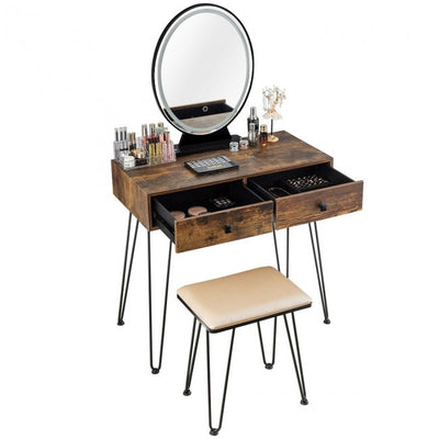 Vanity Table Set Makeup Dressing Desk with Touch Screen Adjustable Brightness Mirror and Cushioned Stool