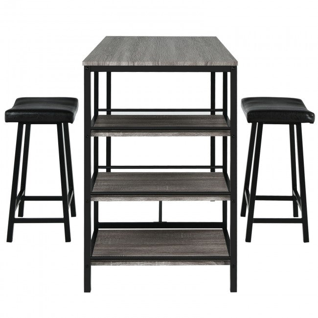 3 Pieces Dining Table Set with Pub Counter Height and Storage Shelves