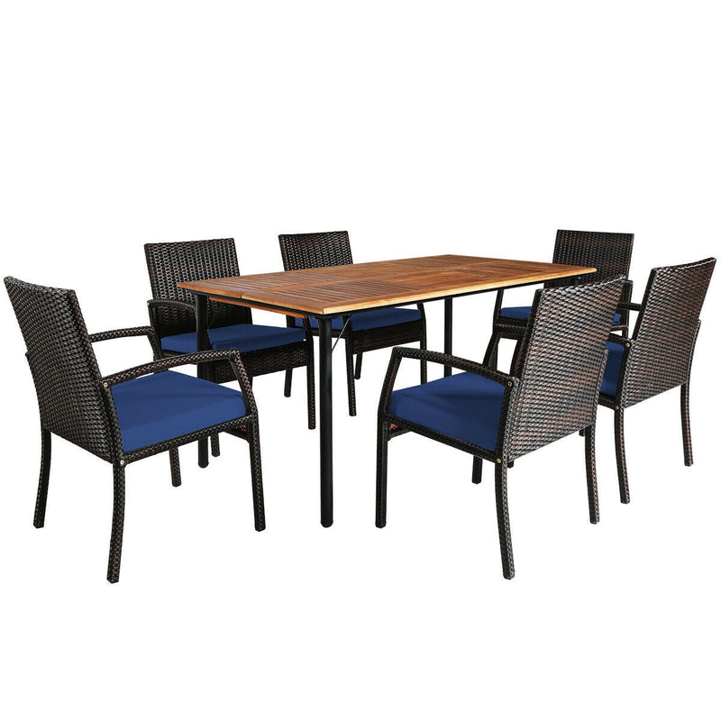 7 Pieces Patio Rattan Cushioned Dining Set with Umbrella Hole