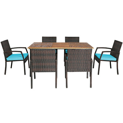 7 Pieces Patio Rattan Cushioned Dining Set with Umbrella Hole