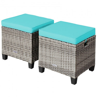 2 Pieces Patio Rattan Ottomans Seat Outdoor Footstool Footrest with Removable Cushions