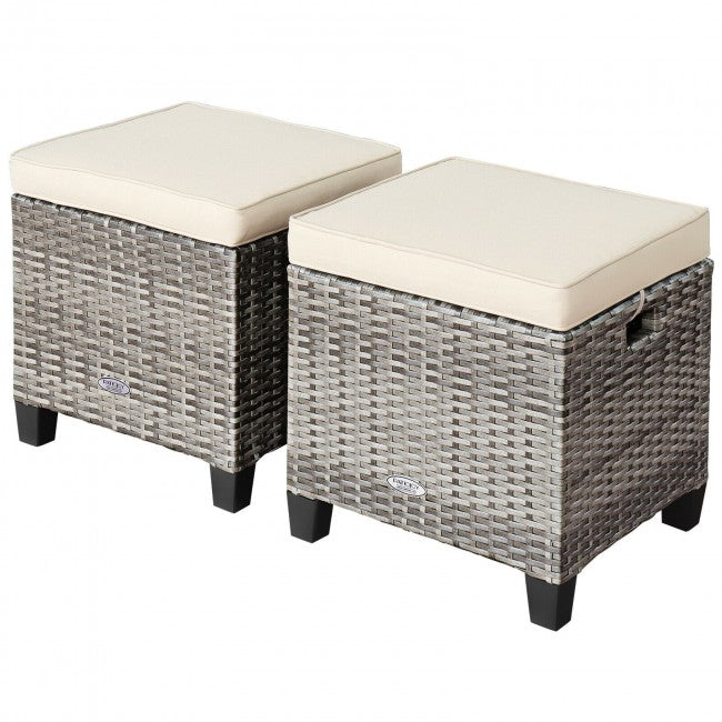 2 Pieces Patio Rattan Ottomans Seat Outdoor Footstool Footrest with Removable Cushions