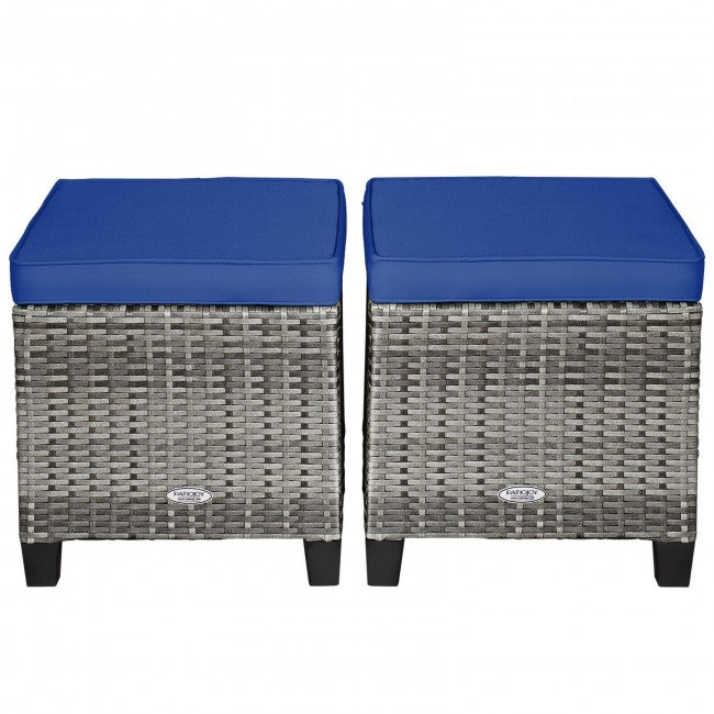 2 Pieces Patio Rattan Ottomans Seat Outdoor Footstool Footrest with Removable Cushions