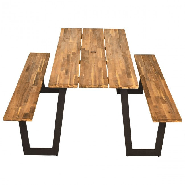 70 Inch Outdoor Dining Table Set Picnic Table Bench Set with Umbrella Hole and Metal Frame