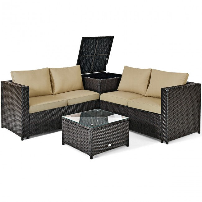 4 Pieces Outdoor Rattan Furniture Set Patio Wicker Conversation Sofa Set with Cushion and Table