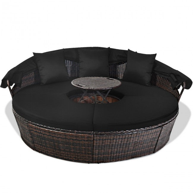 Outdoor Wicker Furniture Sets Patio Round Rattan Daybed With Retractable Canopy