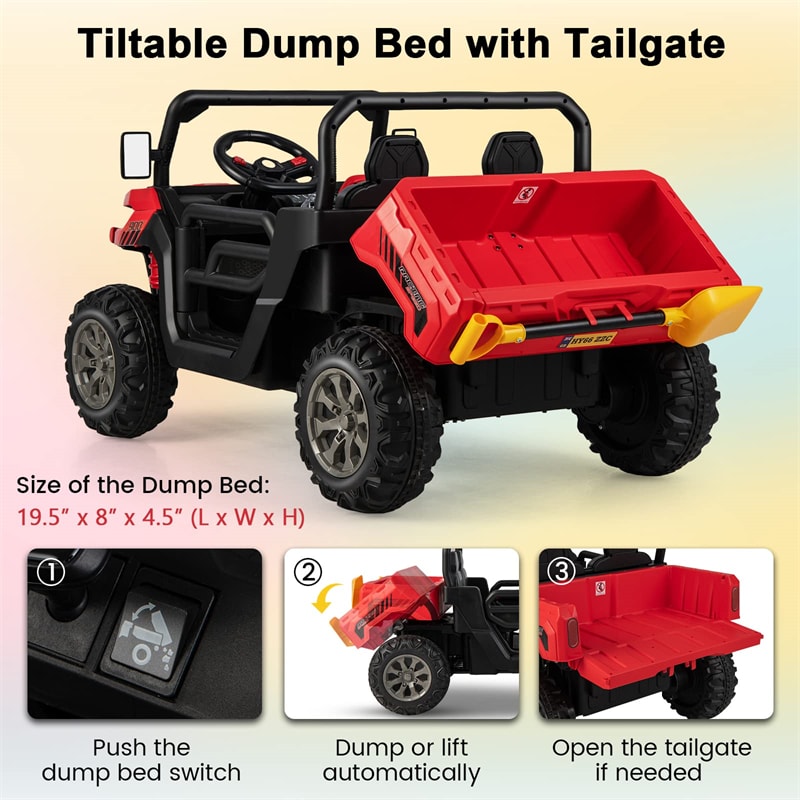 12V 2-Seater Ride On Car Electric Dump Truck Kids UTV Car with Remote Control Electric Dump Bed Rocking Function-Canada Only