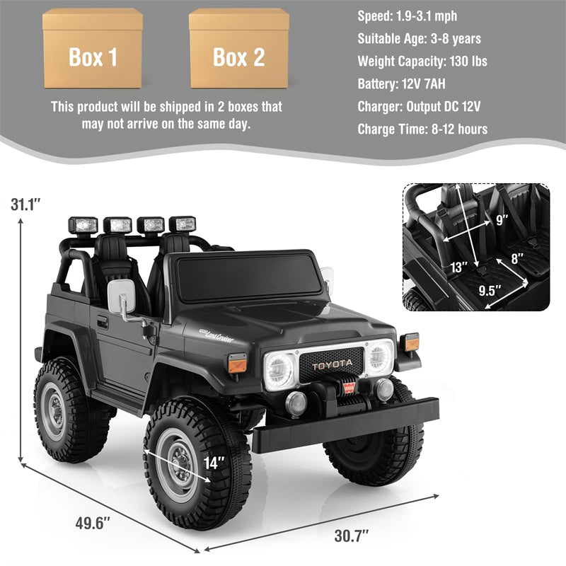 12V Kids Licensed Toyota FJ40 Ride On Truck Car 2-Seater Electric Vehicle with Remote Control Colorful Laser Lights