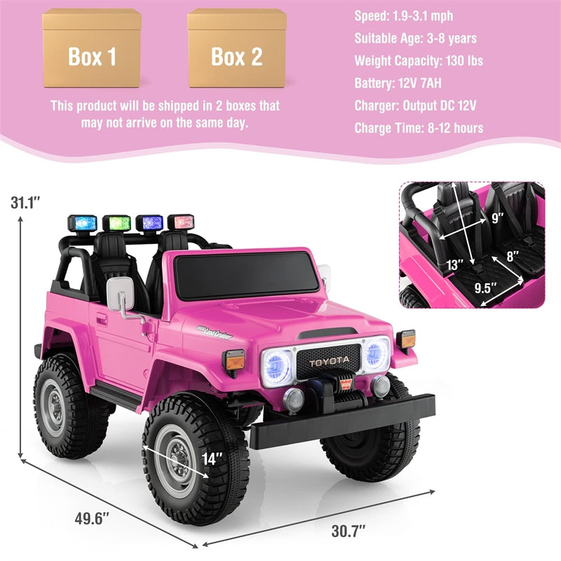 12V Kids Licensed Toyota FJ40 Ride On Truck Car 2-Seater Electric Vehicle with Remote Control Colorful Laser Lights