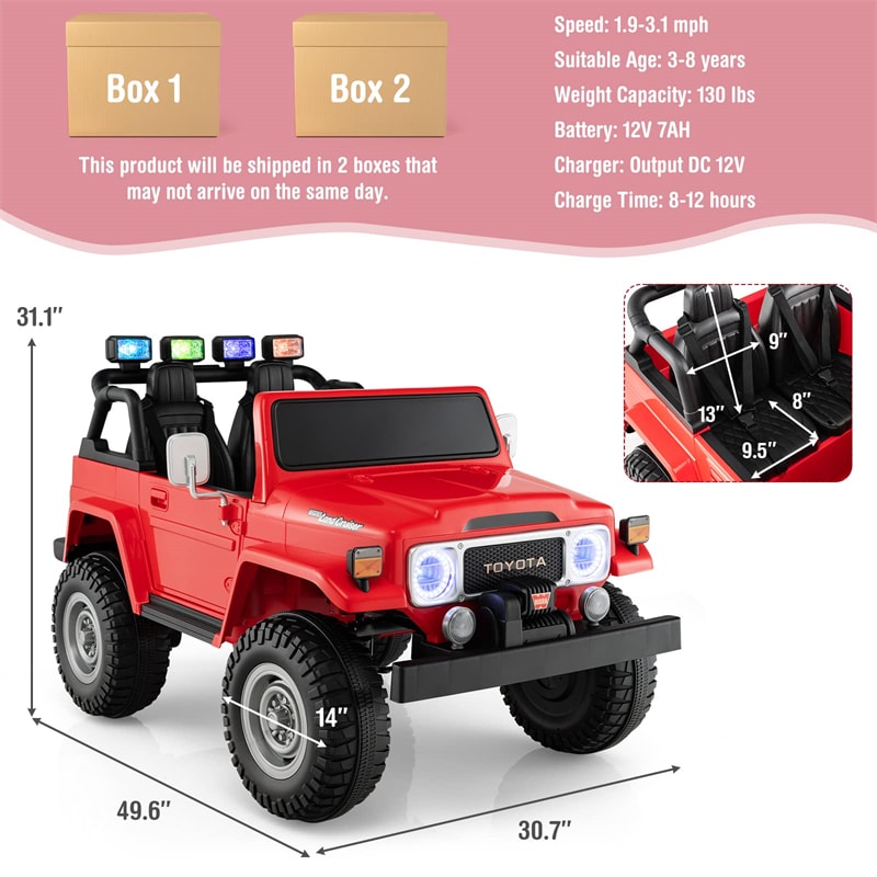 12V Kids Licensed Toyota FJ40 Ride On Truck Car 2-Seater Electric Vehicle with Remote Control Colorful Laser Lights-Canada Only