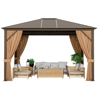 12 x10FT Outdoor Hardtop Gazebo Patio Aluminum Wood Grain Gazebos with Galvanized Steel Roof and Mosquito Netting