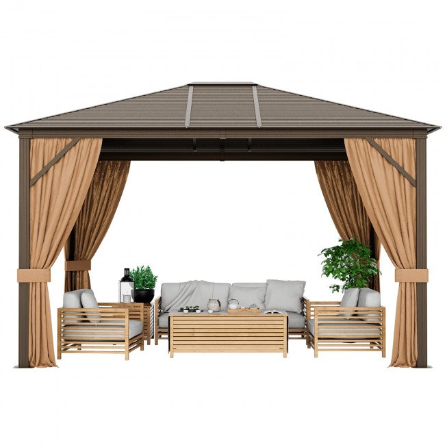 12 x10FT Outdoor Hardtop Gazebo Patio Aluminum Wood Grain Gazebos with Galvanized Steel Roof and Mosquito Netting