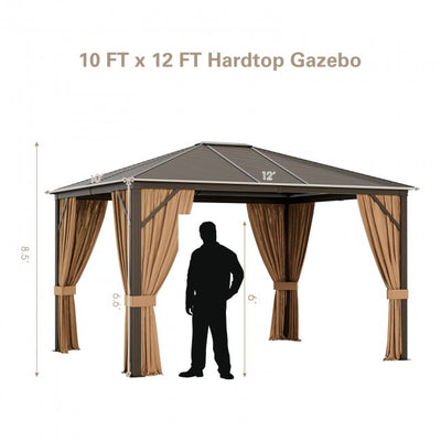 12 x10FT Outdoor Hardtop Gazebo Patio Aluminum Wood Grain Gazebos with Galvanized Steel Roof and Mosquito Netting