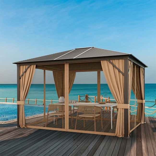 12 x10FT Outdoor Hardtop Gazebo Patio Aluminum Wood Grain Gazebos with Galvanized Steel Roof and Mosquito Netting