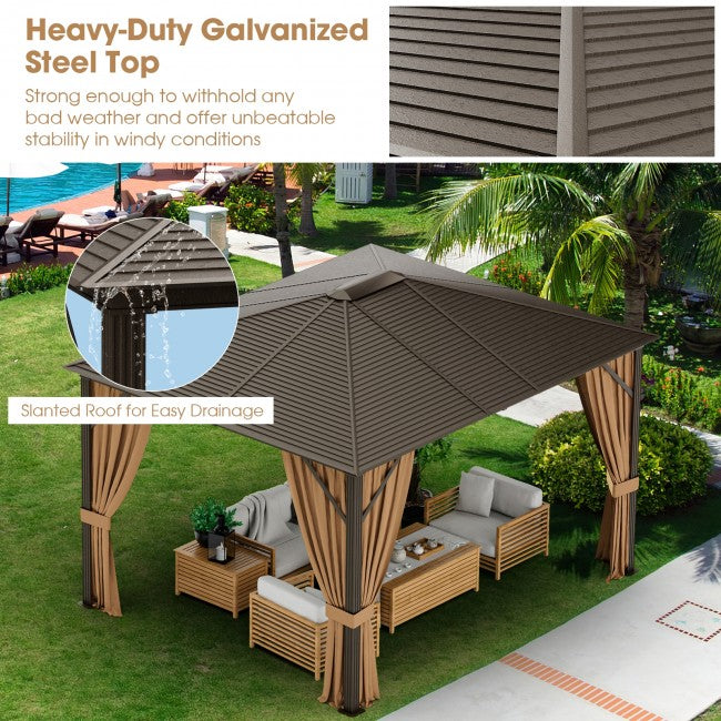 12 x10FT Outdoor Hardtop Gazebo Patio Aluminum Wood Grain Gazebos with Galvanized Steel Roof and Mosquito Netting