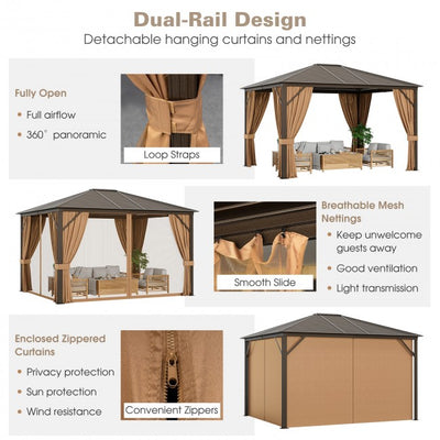 12 x10FT Outdoor Hardtop Gazebo Patio Aluminum Wood Grain Gazebos with Galvanized Steel Roof and Mosquito Netting