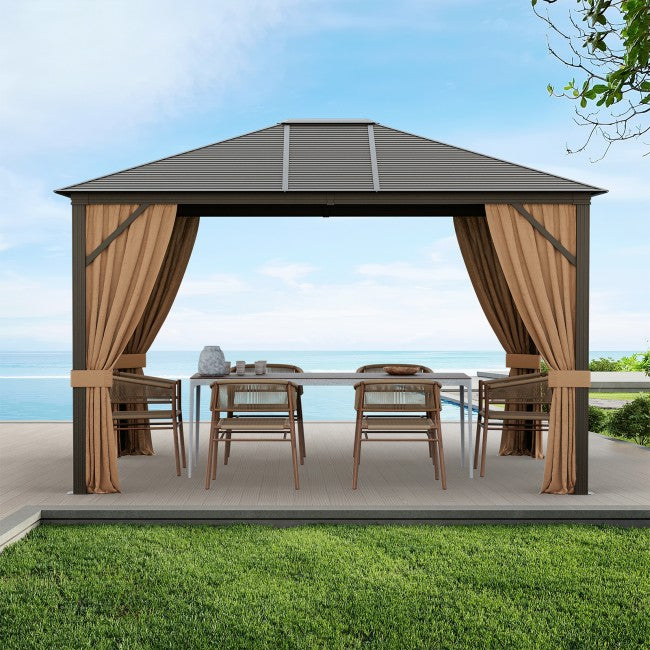 12 x10FT Outdoor Hardtop Gazebo Patio Aluminum Wood Grain Gazebos with Galvanized Steel Roof and Mosquito Netting