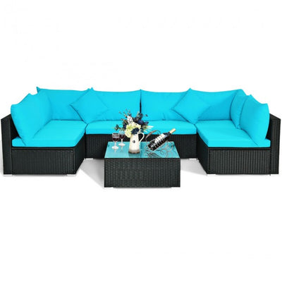 7 Pieces Outdoor Patio Rattan Furniture Set Wicker Sofa Sectional Conversation Set with Cushions and Tempered Glass Tea Table