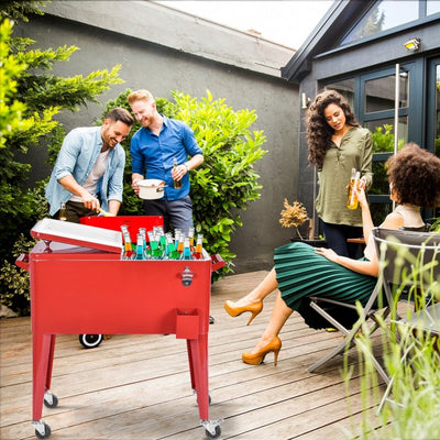 80 Quart Outdoor Steel Rolling Cooler Cart Portable Patio Beverage Bar Trolley Ice Chest with Locking Wheels and Bottle Opener