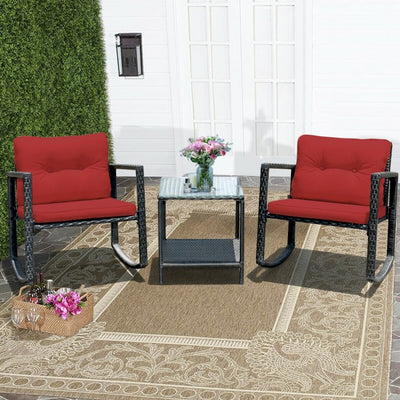 3 Pieces Patio Rocking Chair Outdoor Wicker Conversation Bistro Set  with Coffee Table