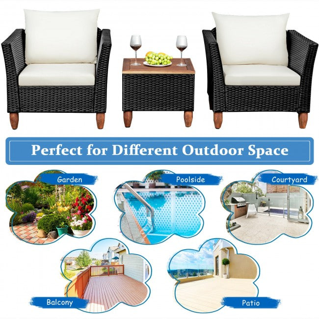 3 Pieces Outdoor Wicker Furniture Set Patio Conversation Sofa Set with Cushion and Table