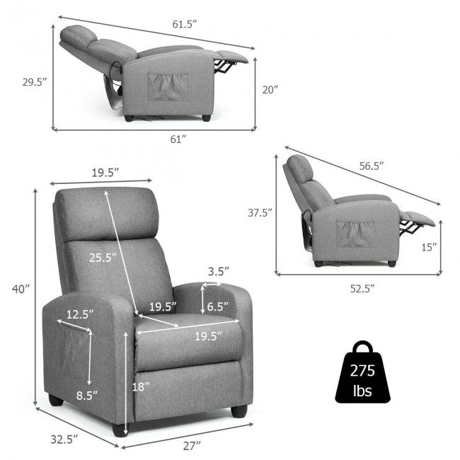 Single Recliner Chair Wingback Chair Home Theater Seating with Massage Function and Side Pocket