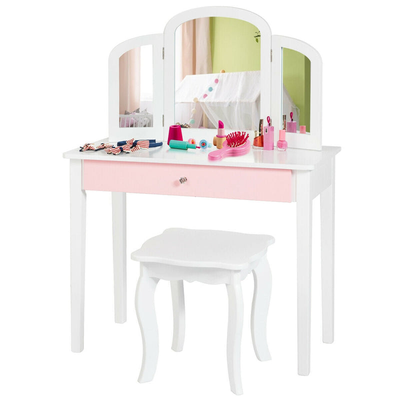 Kids Princess Make Up Dressing Table with Tri-folding Mirror and Chair