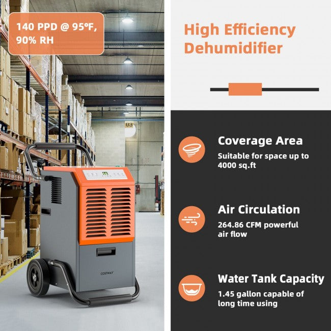 140 PPD Portable Commercial Grade Dehumidifier Industrial Dehumidifier with 1.45 Gallon Water Tank and 6.5 Ft Drainage Pipe