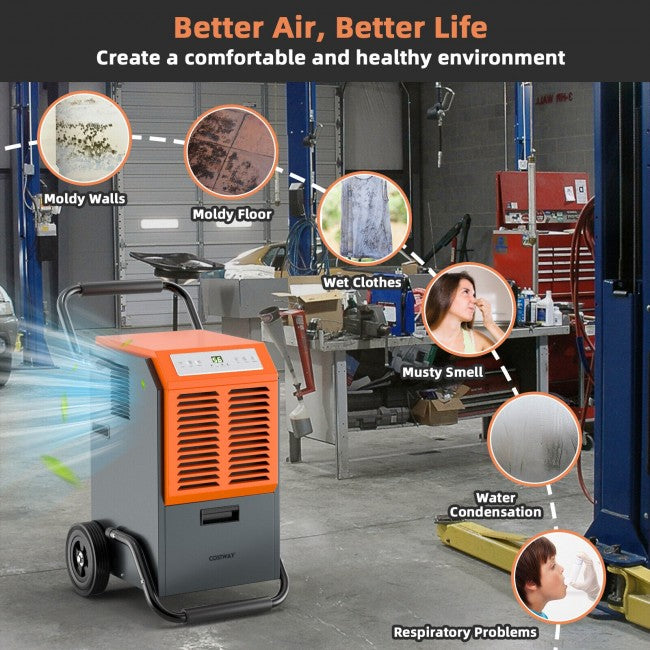 140 PPD Portable Commercial Grade Dehumidifier Industrial Dehumidifier with 1.45 Gallon Water Tank and 6.5 Ft Drainage Pipe