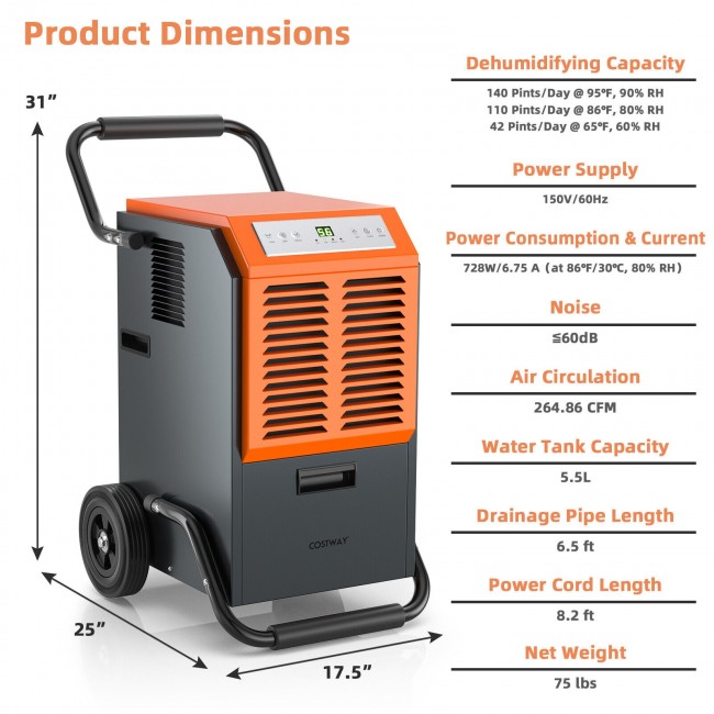 140 PPD Portable Commercial Grade Dehumidifier Industrial Dehumidifier with 1.45 Gallon Water Tank and 6.5 Ft Drainage Pipe