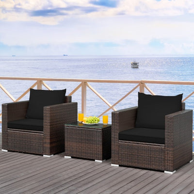 3 Pieces Patio Rattan Furniture Set Conversation Sofa Set with Cushion