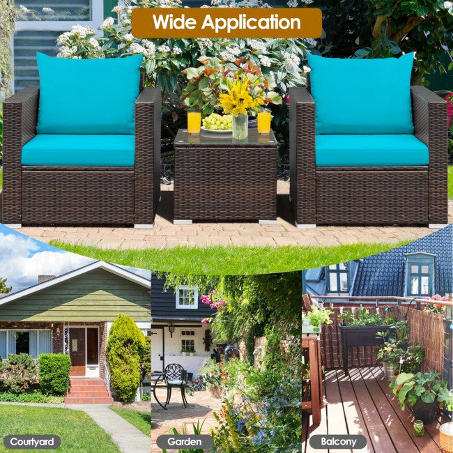 3 Pieces Patio Rattan Furniture Set Conversation Sofa Set with Cushion