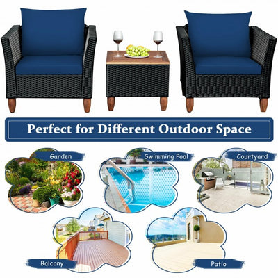 3 Pieces Outdoor Wicker Furniture Set Patio Conversation Sofa Set with Cushion and Table