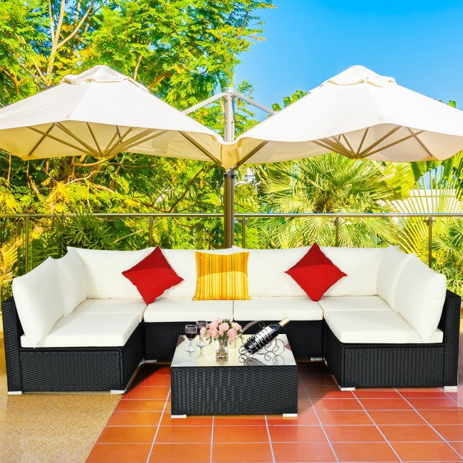 7 Pieces Outdoor Patio Rattan Furniture Set Wicker Sofa Sectional Conversation Set with Cushions and Tempered Glass Tea Table