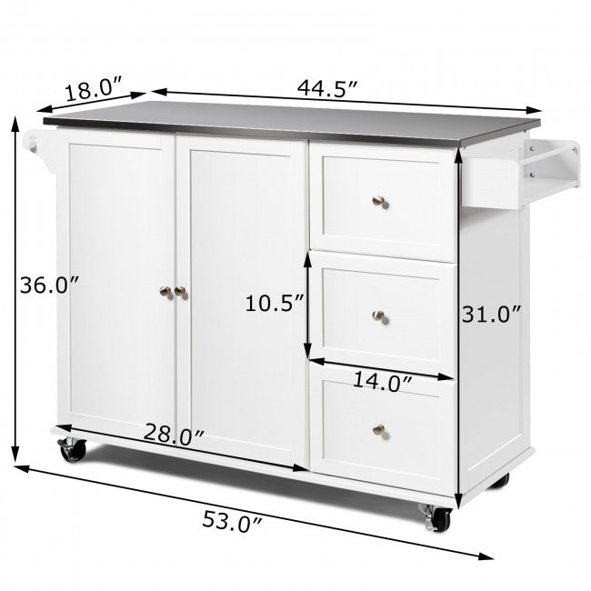 Kitchen Island Cart Rolling Trolley 2-Door Storage Cabinet with Adjustable Shelves and 3 Drawers