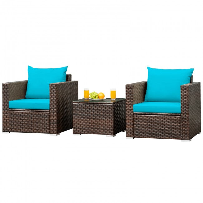 3 Pieces Patio Rattan Furniture Set Conversation Sofa Set with Cushion