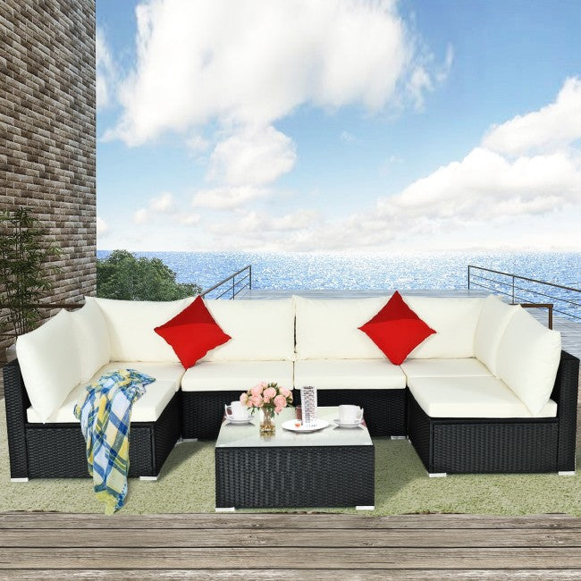 7 Pieces Outdoor Patio Rattan Furniture Set Wicker Sofa Sectional Conversation Set with Cushions and Tempered Glass Tea Table